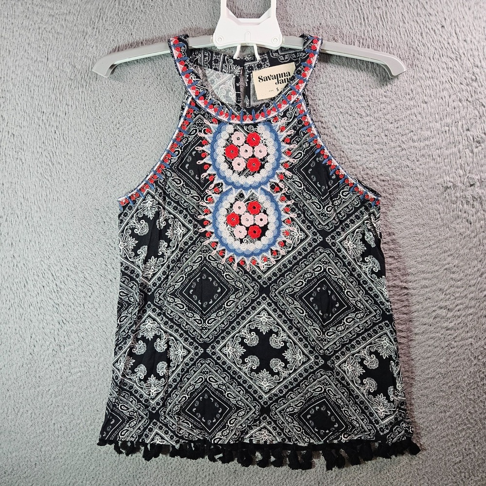 NEW Savanna Jane Tank Top Women Small Embroidered Paisley Tassle‎ Black White